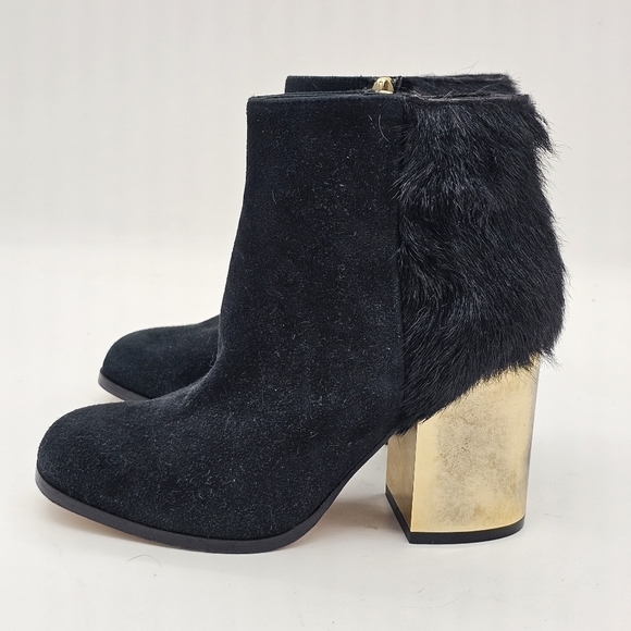 Furla Womens Ankle Bootie Round Toe Zip Side Gold Heels Leather Black Size 35.5 - Picture 4 of 14